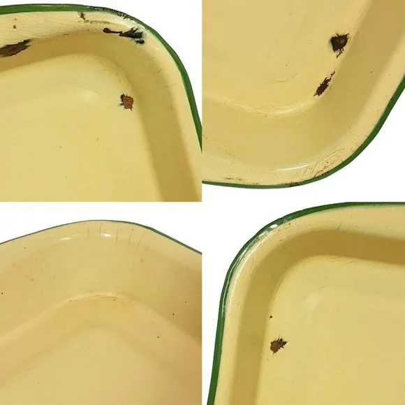 Cream and Green Enamelware Cake Casserole Pan Vintage Farmhouse Bakeware Decor - Picture 3 of 14